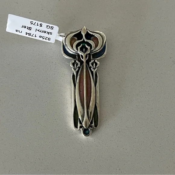 Unique pink & green enameled sterling silver 925 pendant - Picture 3 of 10